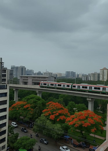22 reactions · 4 comments | Between the grey clouds and the red flowering trees, the metrorail drifts like the city's pulse. | Sabrina Naorin Sumona | Facebook