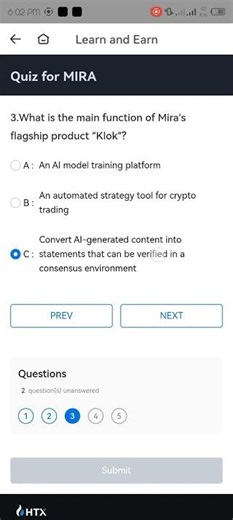 htx learn and earn Mira token quiz answers today