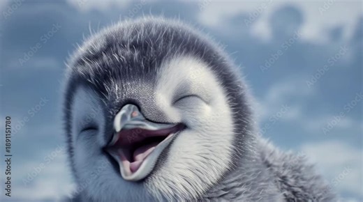 Close-up portrait of a smiling penguin chick with a cloudy sky background conveying a joyful mood.