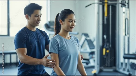 Fitness, training and exercise for physical wellness during a personal workout session with female client receiving guidance from male trainer in modern gym. Strength, conditioning and rehabilitation