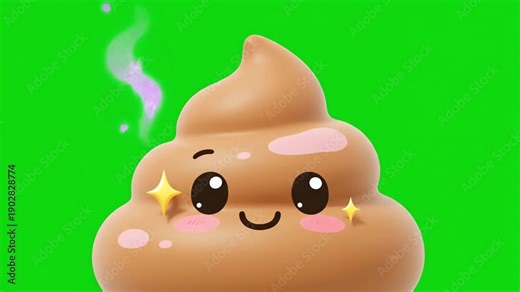 A cheerful, brown, 3d animated poop emoji smiles brightly with sparkling eyes, isolated on a vibrant green screen.