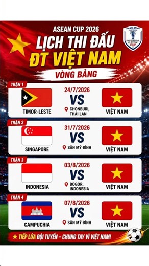 Lịch thi đấu tuyển Việt Nam mới nhất | ASEAN Cup 2026 | Đừng bỏ lỡ! #VietNam #aseancup #LichThiDau