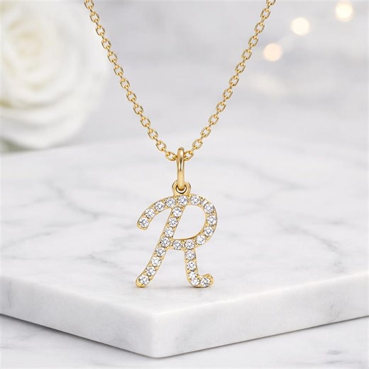 Round Diamond Initial Letter Pendant Diamond Script Font Custom Pendant 14K Gold Personalized Diamond Charm for Women Custom Birthday Gift - Etsy