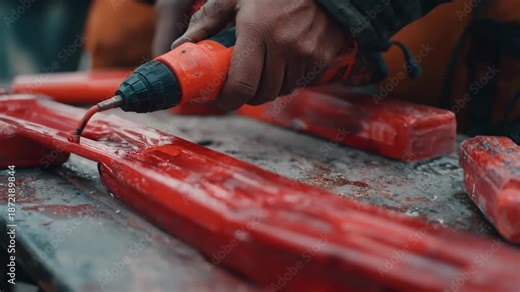 Technician performing plastic welding on a damaged car bumper in an auto repair workshop restoring its original shape with precision and care.