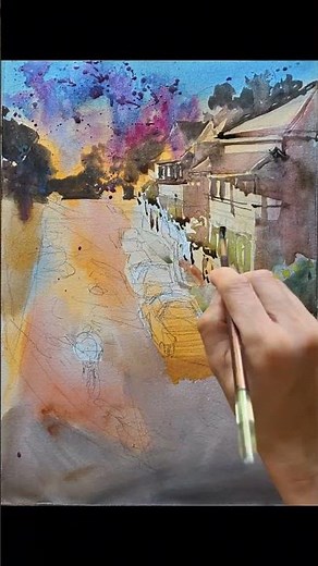 Paint With Me: Watercolour Sunset Street with Cyclist and Jacaranda Trees #watercolorart #painting
