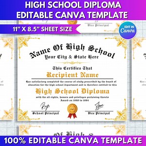 Printable High School Diploma Template | Customizable Replica Graduation Certificate | Editable Canva Template | High School Diploma Digital - Etsy