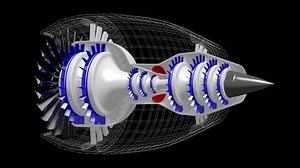 Dynamic 3D Wireframe Model of Working Jet Engine with Rotating Blades on Black Background, Perfect for Aerospace Technology Content and Engineering Presentations