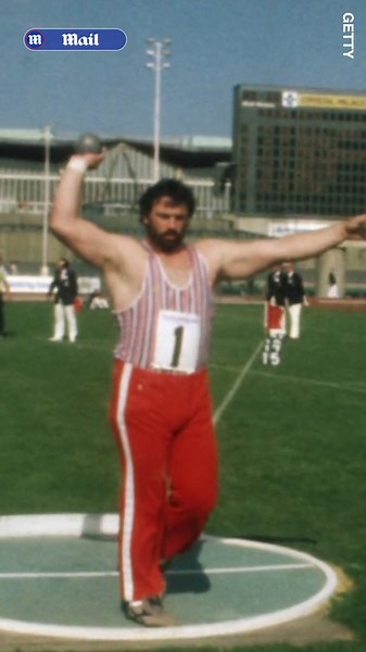 Geoff Capes throwing the shot putt in 1980