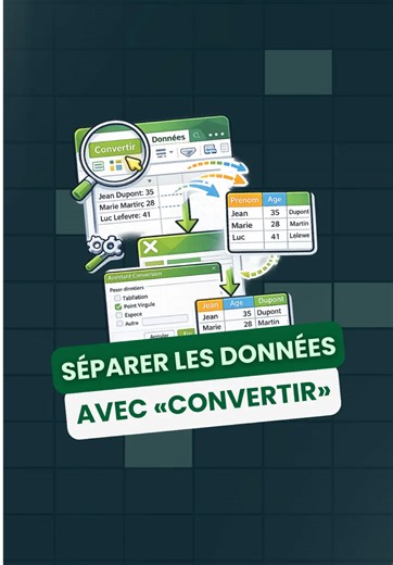 Séparer des données dans Excel avec Convertir, c’est ultra utile quand tout arrive en vrac dans une seule colonne Comment faire? Sélectionne la colonne Clique sur Données Puis Convertir Choisis Délimité Sélectionne point-virgule Tout se répartit automatiquement dans les bonnes colonnes. Simple, propre, efficace 👌 👉 Tu veux aller plus loin sur Excel et vraiment gagner du temps au quotidien ? Commente EXCELTURBO pour recevoir le guide des raccourcis et des fonctions #Excel #AstucesExcel #Product