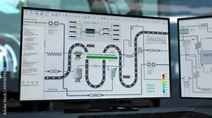 Modern software operating factory conveyor equipment. Software monitoring the factory equipment carrying the manufactured product. AI Software scanning the items on the factory conveyor equipment.