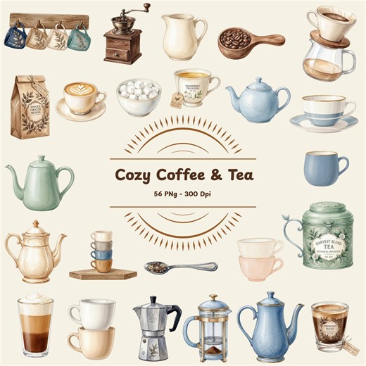 Cozy Coffee & Tea Clipart Bundle – Watercolor Coffee Clipart, Tea Clipart Set, Cafe Drink PNG, Coffee Cup Illustration, Barista Clipart - Etsy