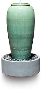 PLANTATOREM Long-Lasting Modern Ceramic Tall Jar Water Fountain with Framed Reservoir - Indoor/Outdoor Fountain for Patio, Deck, or Yard (Green Stream, 20.0" D x 36.0" H)