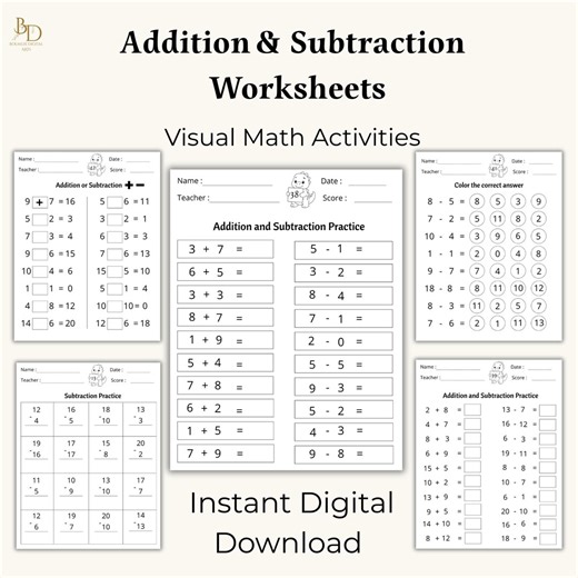 Addition & Subtraction Worksheets 0–20 Printable Math for Kindergarten and 1st Grade - Etsy