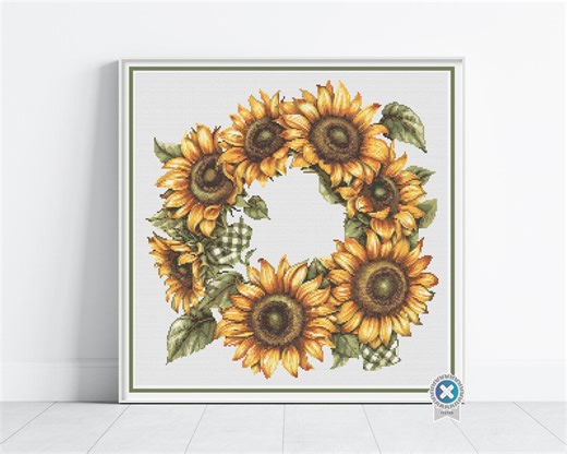 Sunflower Wreath Cross Stitch Pattern, Gingham Ribbon Floral Embroidery | Modern DIY Nature Stitch | Partial Coverage PDF | Digital Download - Etsy