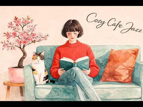 Cozy Cafe Jazz | Gentle Reading Time with Cat, Bonsai Cherry Blossoms