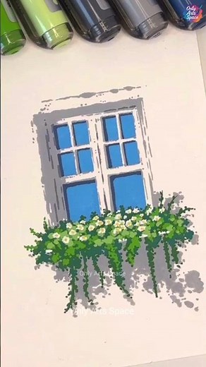 Color Window Art | Easy Drawing of Window with Flowers & Shadows | Only Arts Space