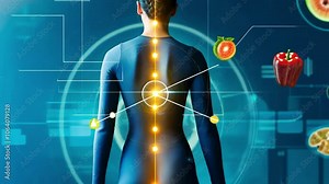 Back view of a human with highlighted spine, showing the importance of spine health and posture. 4K video