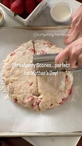 Strawberry Scone Recipe ⬇️ Want to give Mom the perfect gift? Bake her these scones! These would be a perfect way to celebrate Mother’s Day! Or any day, really! Ingredients * 400g (2 1/2 cups) all-purpose flour * 112g (1/2 cup) granulated sugar * 3g (1/2 tsp) salt * 2g (1/2 tsp) baking soda * 2g (1/2 tsp) cream of tarter * 57g (1/2 stick) unsalted butter, cold and cut into small pieces (I usually put cubed butter in the freezer for about 15-20 minutes before using) * 130g (1 cup) strawberries bu