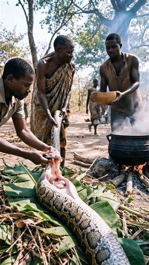Chokwe Tribe Butchers Giant Python! 🐍😱 #triballife #tribe #tribalfood