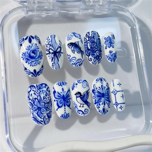 Blue White Porcelain Press on Nails | Chinoiserie Bird Fish Butterfly Bow | Delft Blue Floral | Something Blue Wedding Almond Fake Nails - Etsy