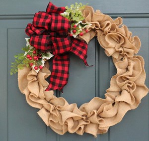 Burlap Ruffle Winter Wreath With Wired Buffalo Ribbon - Etsy UK