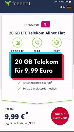 Handytarif-Angebot: 20 GByte im Telekom-Netz für nur 9,99 Euro monatlich bei Freenet!