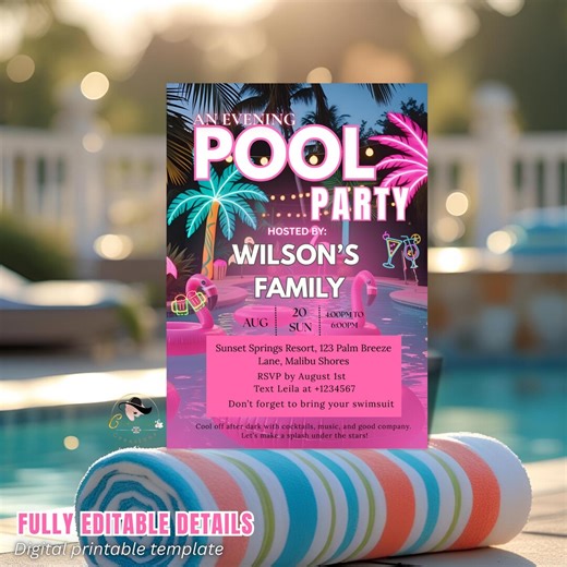 Neon Night Pool Party Invitation, Adult Birthday Pool Party Invite, Girls Summer Night, Pink Tropical Tiki Theme Invite, Printable Template - Etsy