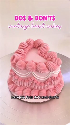 The Sweet Spot Workshops on Instagram: "Here are a few dos & don’ts of vintage heart cake decorating ↓ ❌ Don’t wave over your shells Too much movement can lead to inconsistent and less neat looking shells! ✅ Do squeeze out a ball and swipe Hold your piping bag still at an angle, squeeze to form a ball, and swipe the tip down to taper the ends. ❌ Don’t freehand ruffles Eyeballing spacing is tricky with a style that looks best with symmetry! ✅ Do give yourself guidelines Use a small cookie cutter