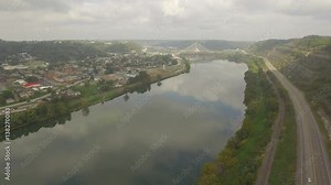 Aerial Shot Pulling Back from Steubenville OH and the Suspension Bridge on the O