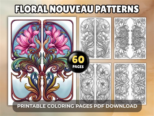 Floral Nouveau Patterns Adult Coloring Pages - 60 Ornamental Flower & Swirling Designs, Printable PDF Download - Etsy