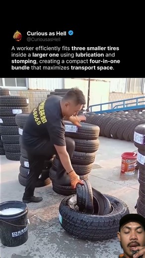 Stacking tires for transportation.