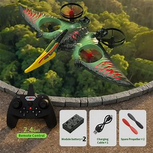Remote Control Dinosaur Plane Drone Flying Helicopters Toys with LED Light, Birthday Gifts for 5-12 Years Kids-Green
