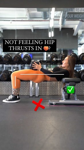 K I M F R E N C H 🇬🇧 NASM CPT on Instagram: "Fix your Hip Thrust form ✅❌ Follow these tips:- ➡️ Use equipment that will set you up for a good hip thrust. If you’re short in height, use a step or box instead of a bench as they can be lower and will therefore give you a better lockout. If doing barbell hip thrusts, use bigger plates so you can easily roll the barbell over your hips to get into position. ➡️ Set up your feet correctly! If your feet are too far forwards you will activate your hamst