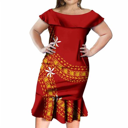 Pacific Island Style Dress Red Polynesian Clothing Frill Ruffle Slim Fit Bodycon Dress Short Party Pleated Dress With Shawl