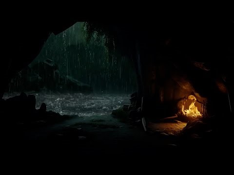 Sheltered in a Cozy Cave 🌧️ Thunder Roars Outside, Fire Crackles Within 🔥 Ultimate Sleep Ambience 😴