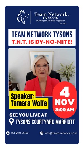 🐺🤝🇺🇸💪 Team Network Tysons – Monthly In-Person Breakfast! 💪🇺🇸🤝🐺 📅 Tuesday, November 4th ⏰ 8:00 AM sharp 📍 Courtyard Marriott – Tysons 🥞 Networking • Inspiration • Real Business Connections ⸻ 🔥 This month’s featured presenter: 🎤 Tamara Wolfe — Business & Executive Coach Tamara is bringing powerhouse insight on how to break limiting beliefs, lead with clarity, and scale your life & business with purpose and confidence. Prepare to leave with actionable strategies, renewed motivation, 
