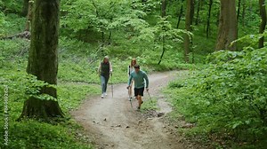 Trainer show how walking use Scandinavian trekking sticks and hold nordic poles in green forest. Man and women