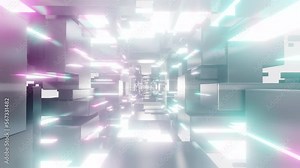 Looping white abstract cyber space flowing and scattering cubes fly trough animation with illuminated futuristic metallic planes.