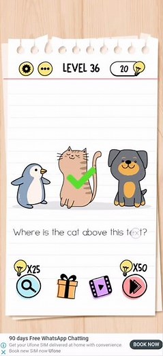 Brain test Level 36 Where is the cat above this text Walkthrough