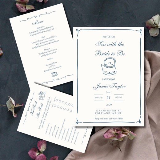 Bridal Shower Invite Menu Bingo He Said She Said Game Template Tea With the Bride to Be Bridal Shower Whimsy Invite and Menu - Etsy