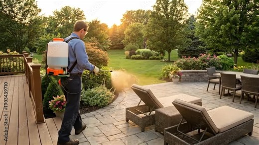 Man spraying plants and patio area for pest control. Backyard maintenance with backpack sprayer to eliminate insects and harmful pests.