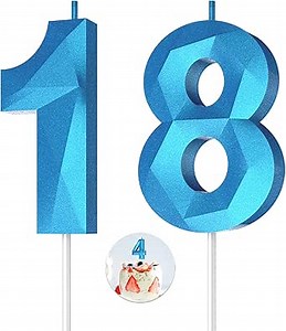 Number Birthday Candles(18 Candle Blue) 3D Diamond Shape Number Happy Birthday Cake Candles for Birthday Party Wedding Decoration Reunions Theme Party