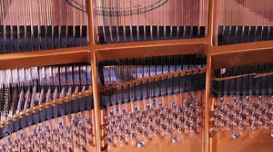 Strings and hammers inside the piano. Top view. Close-up of the hammers striking the strings while playing the instrument