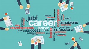 Career development or career ladder word cloud with businessman at the meeting. Flat design concept infographics cartoon animation in 4k resolution