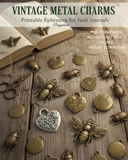 Vintage Metal Charms PNG, 3D Embossed Antique Charms, Printable Ephemera for Junk Journals, Realistic Metal Look - Etsy
