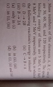 Mass numbers of the elements A,B,C and D are 30,60,90, and 120 ... | Filo