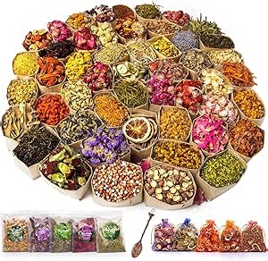50 Bags Dried Flowers Candle and Soap Making, Variety Dried Herbs Kit for Witch Altar Supplies, Pagan Ritual, Bulk Botanical Lavender Rose Petals Rosemary Ideal for Resin Pressed Flowers DIY Craft