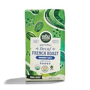 Whole Foods Market, Organic Decaf Ground Coffee, Dark French Roast, Smoky & Sweet, Smooth & Balanced, 12 Ounce