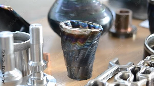 Object printed by 3D printer from metal. Additive manufacturing solution. Object created on 3Dprinter from melting metal thread. 3D Metal Printing. Metal additive manufacturing