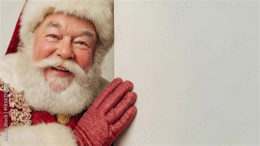Realistic santa with warm smile and sparkling eyes peeks from behind pillar wearing luxurious red coat and fluffy white trim capturing authentic christmas joy and welcoming holiday spirit
